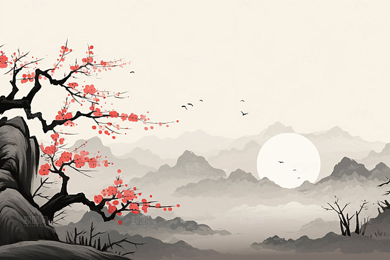 国画山水重阳节传统文化背景图
