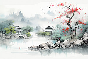 国画山水中国风景物背景图