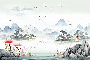 国画山水手绘重阳节背景图
