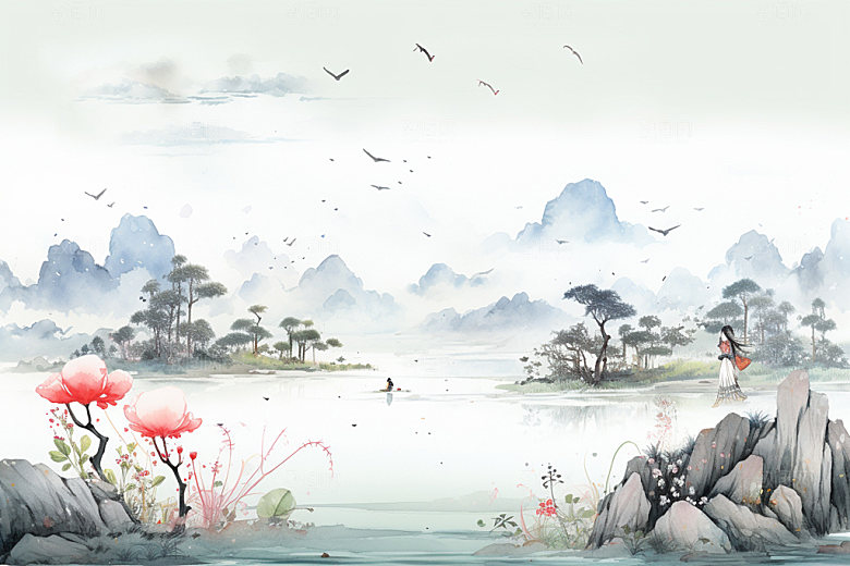 国画山水手绘重阳节背景图
