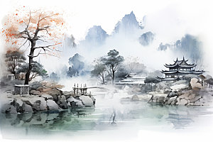 国画山水景物传统文化背景图