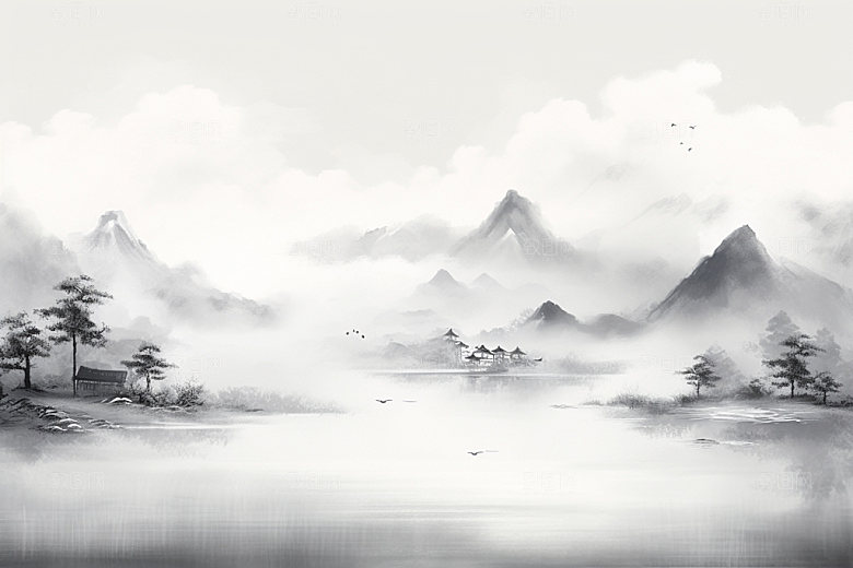 国画山水中式景物背景图