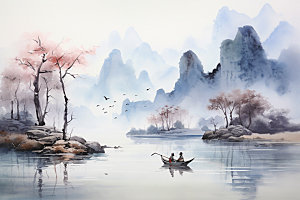 国画山水手绘传统文化背景图