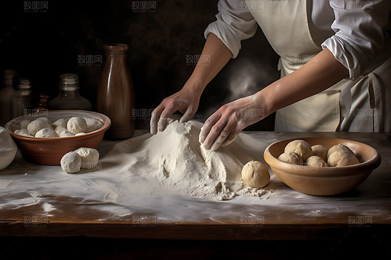 面包制作和面面食摄影图