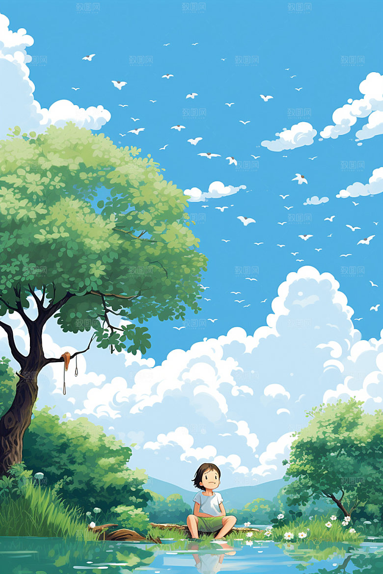 处暑夏末蓝天白云插画