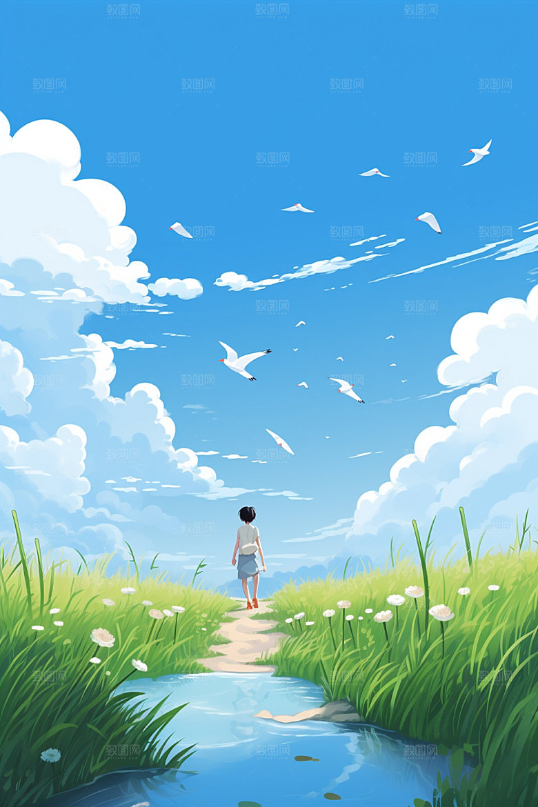 处暑手绘绿草插画