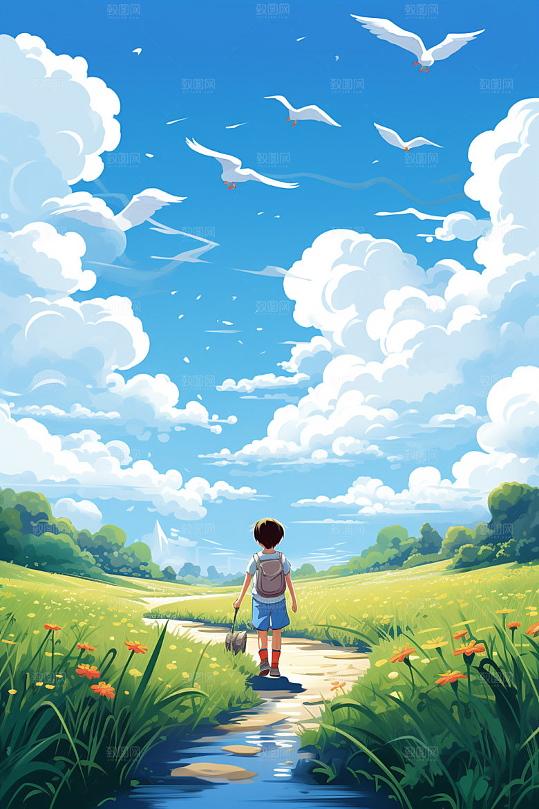 处暑绿草夏天插画