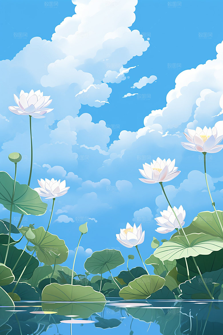 处暑蓝天白云夏天插画