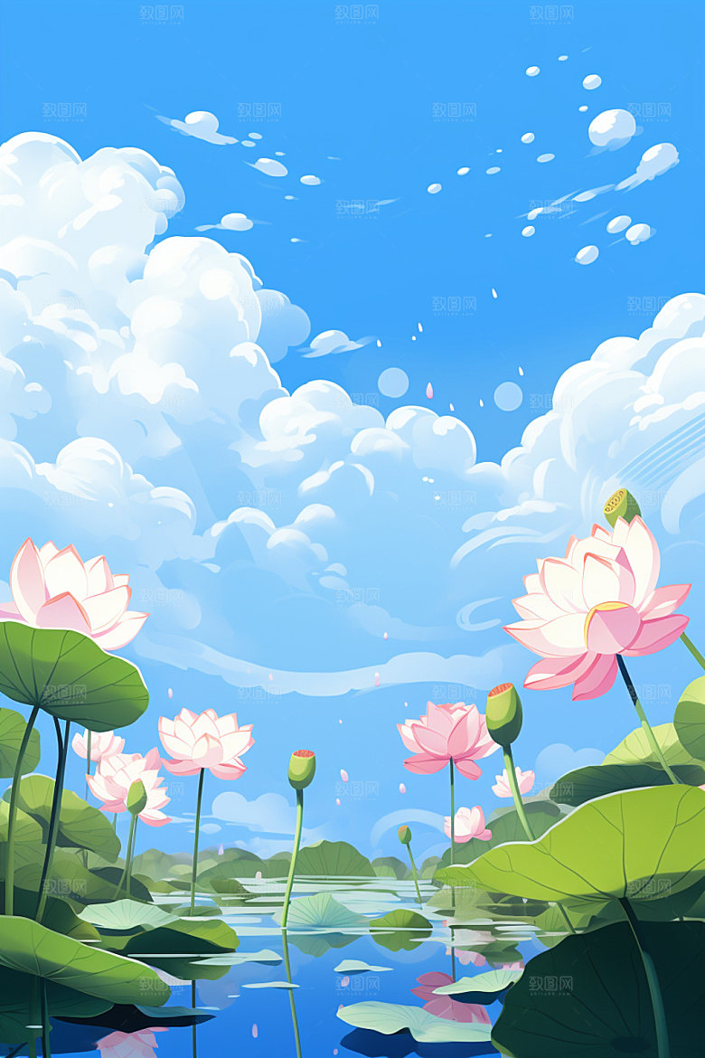 处暑夏末蓝天白云插画