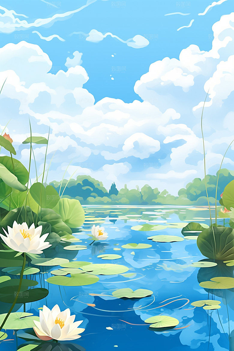 处暑蓝天白云夏天插画