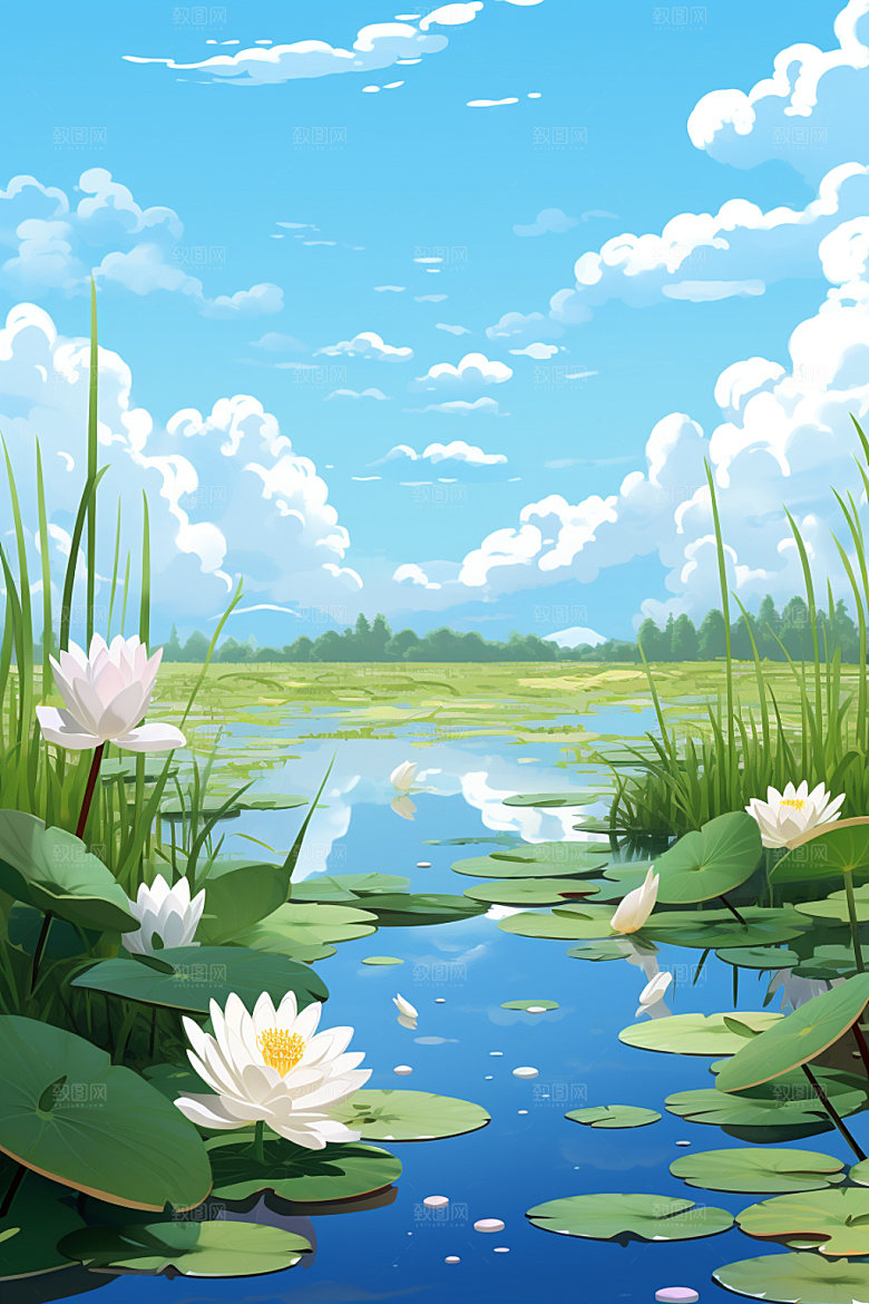 处暑卡通蓝天白云插画