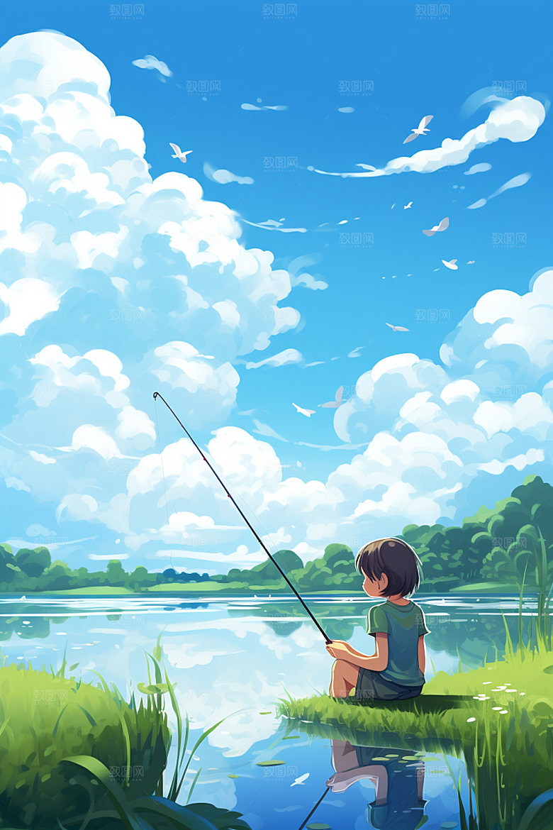 处暑夏末绿草插画