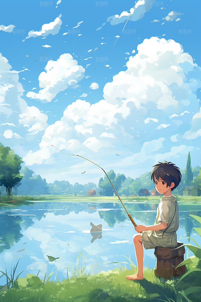 处暑蓝天白云夏天插画
