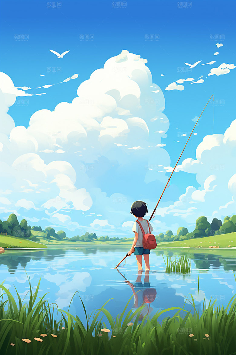 处暑绿草手绘插画