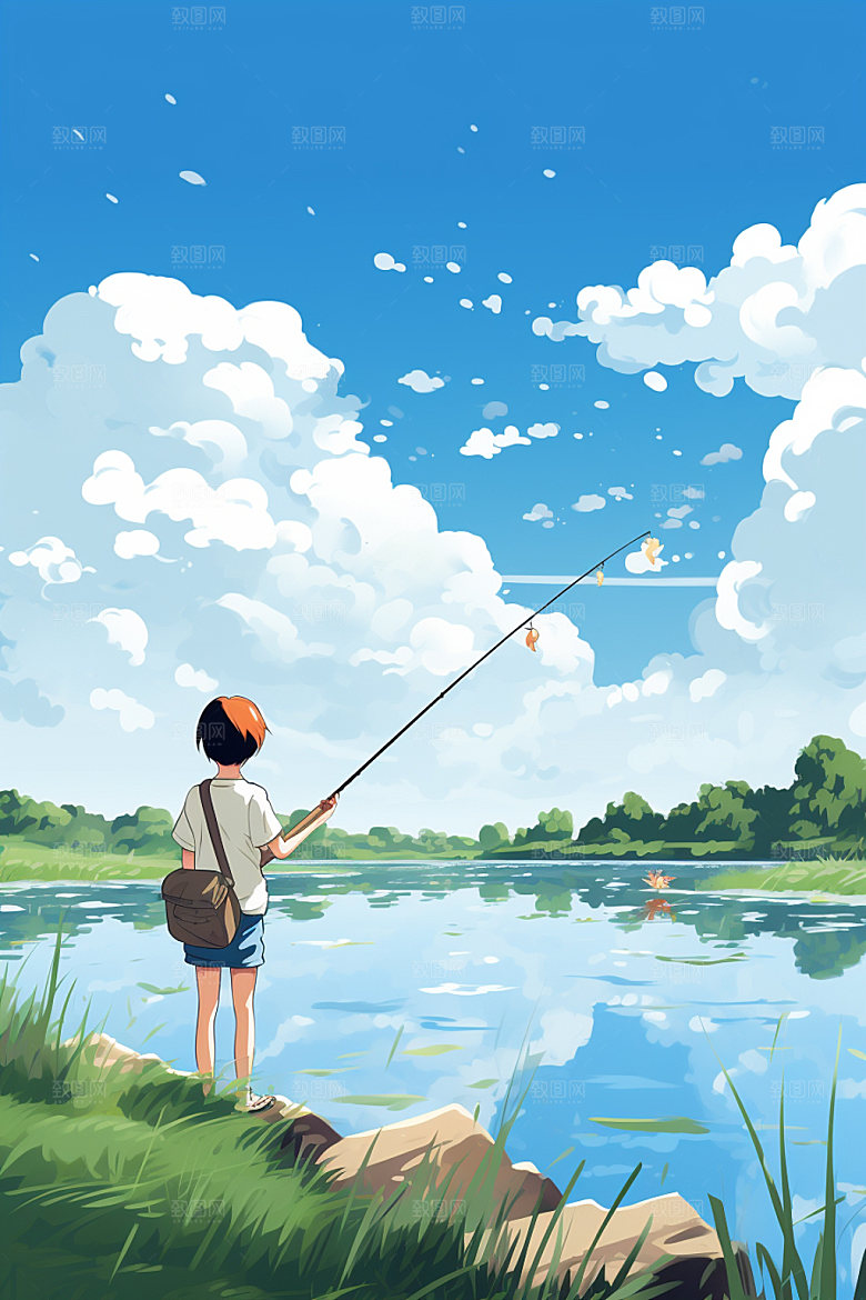 处暑清新蓝天白云插画