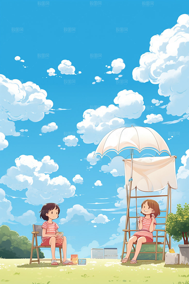 处暑卡通绿草插画