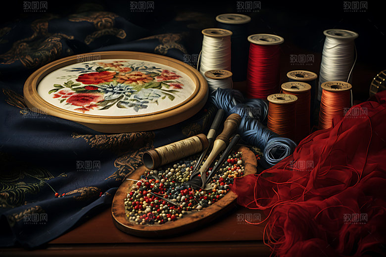 刺绣艺术品美轮美奂摄影图