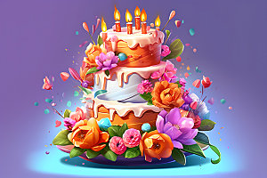 生日蛋糕甜品彩色插画