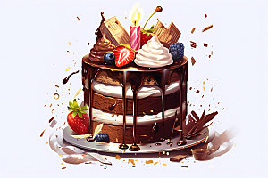 生日蛋糕复古彩色插画