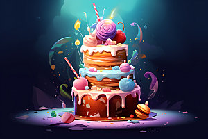 生日蛋糕复古手绘插画