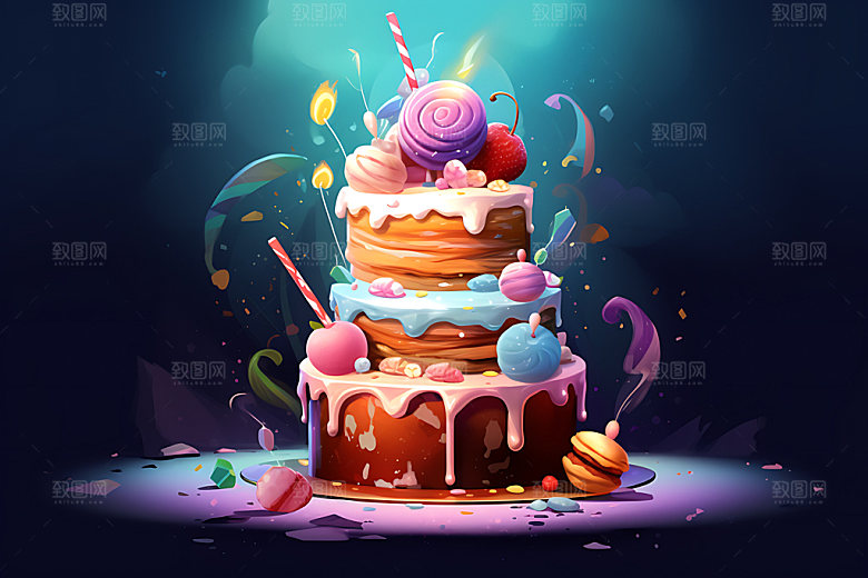生日蛋糕复古手绘插画