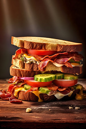 多层三明治美味汉堡摄影图