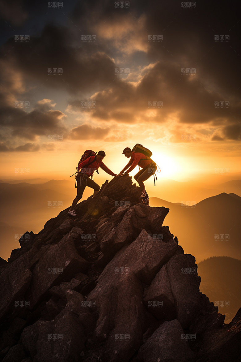 登山勇攀高峰努力摄影图