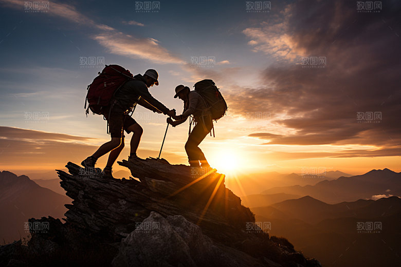 登山勇攀高峰鸟瞰摄影图