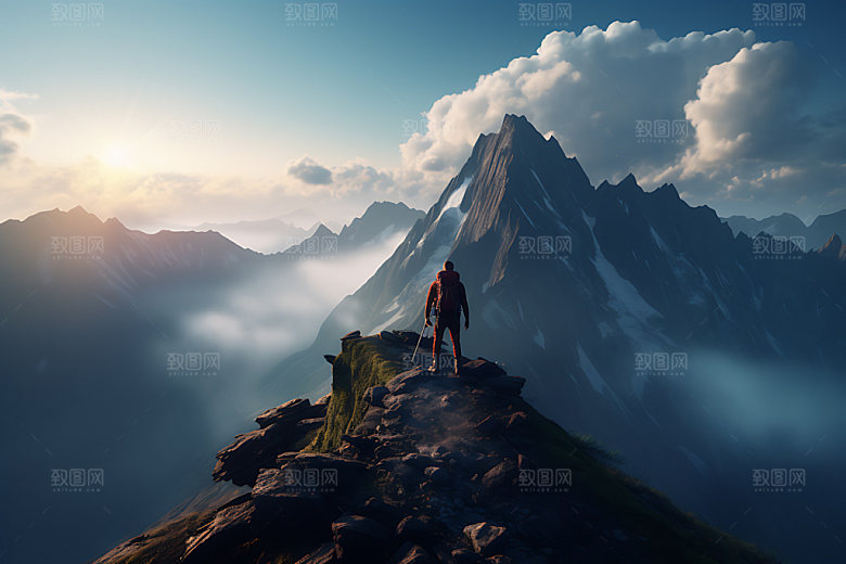 登山努力山顶摄影图