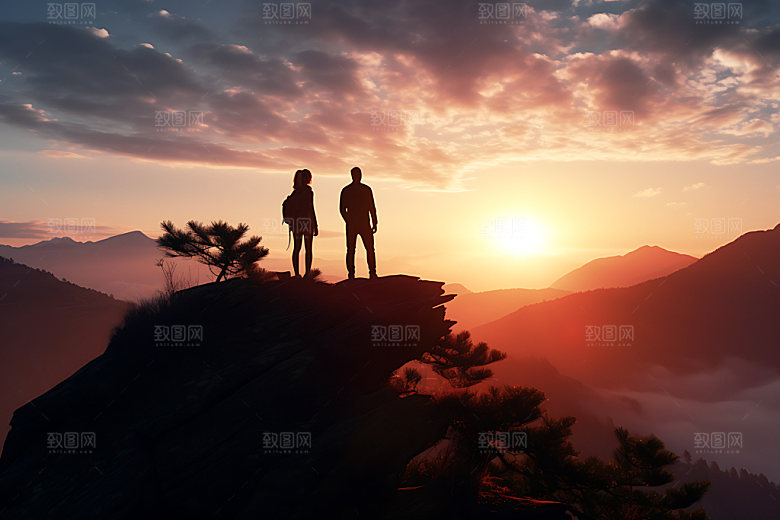 登山努力山顶摄影图