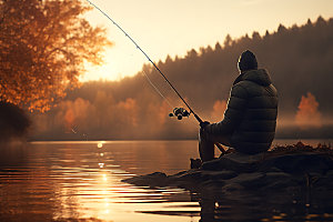 湖边钓鱼高清静谧摄影图