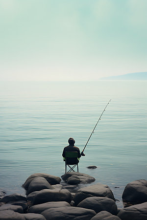 湖边钓鱼高清自然摄影图