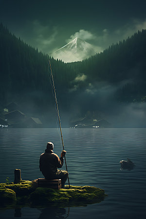 湖边钓鱼户外山谷摄影图
