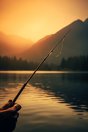 湖边钓鱼山谷自然摄影图