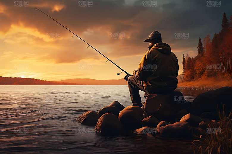 湖边钓鱼户外自然摄影图