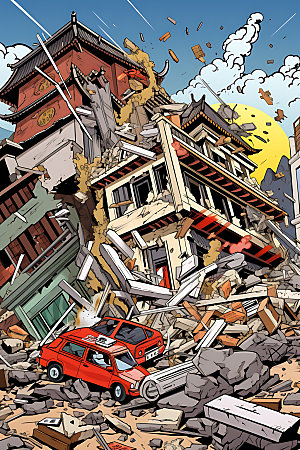 地震崩塌手绘插画
