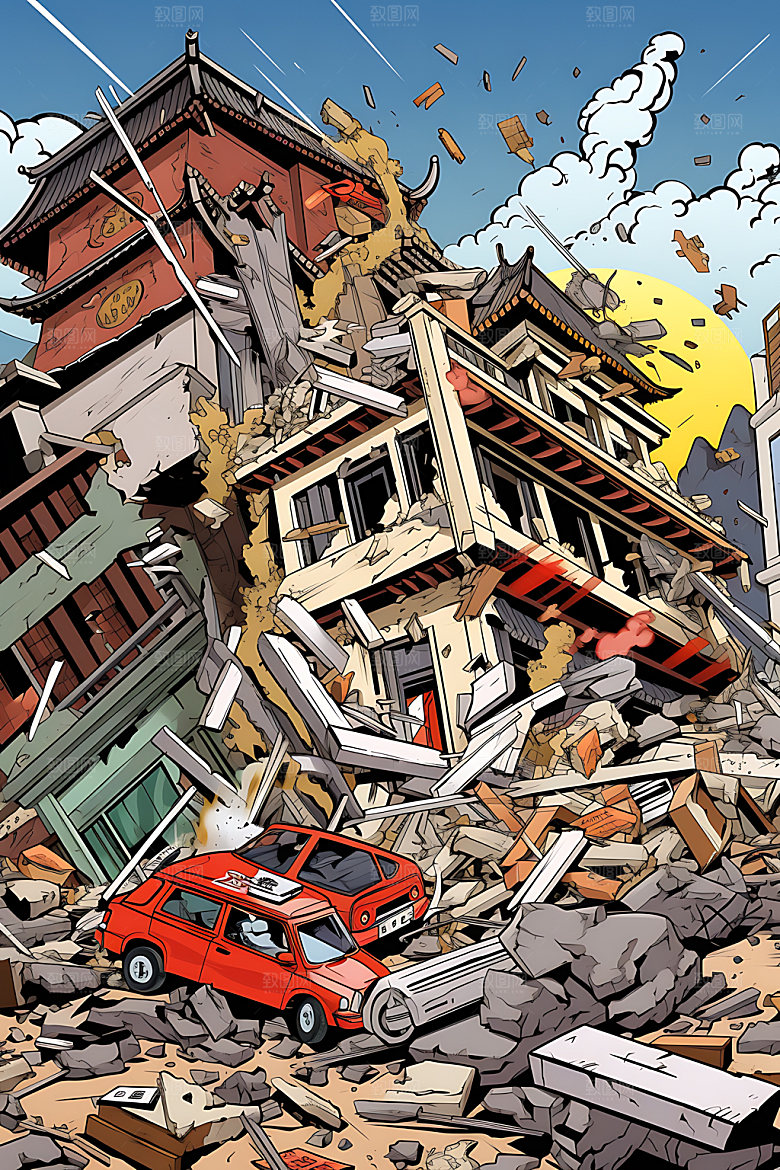 地震崩塌手绘插画