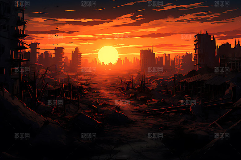 地震崩塌手绘插画