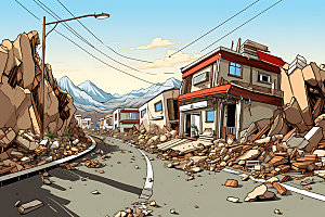 地震崩塌地裂插画