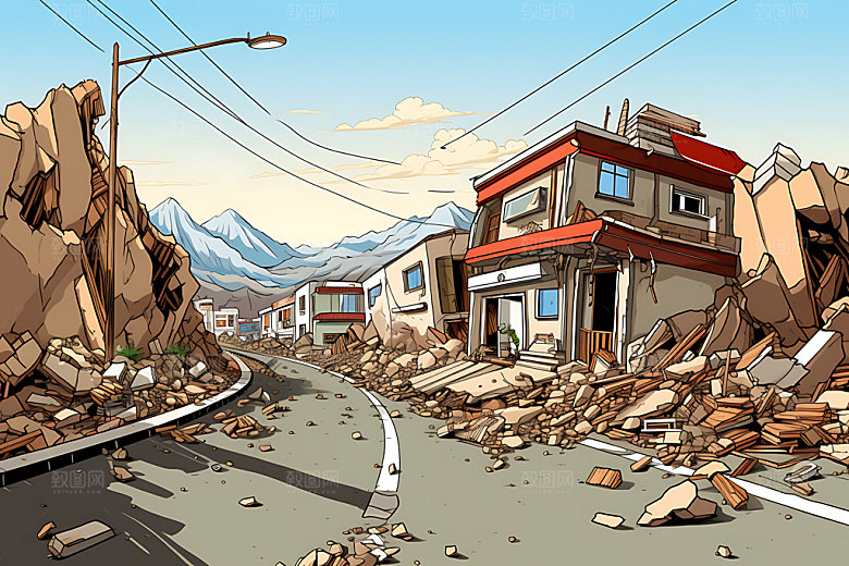 地震崩塌地裂插画