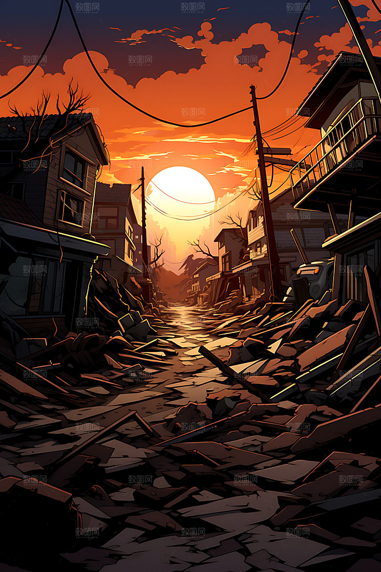 地震自然灾害灾难插画
