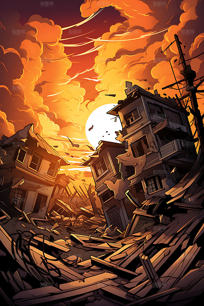 地震自然灾害房屋倒塌插画