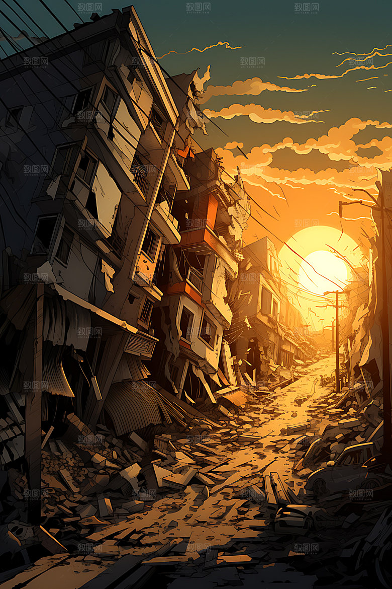 地震灾难崩塌插画