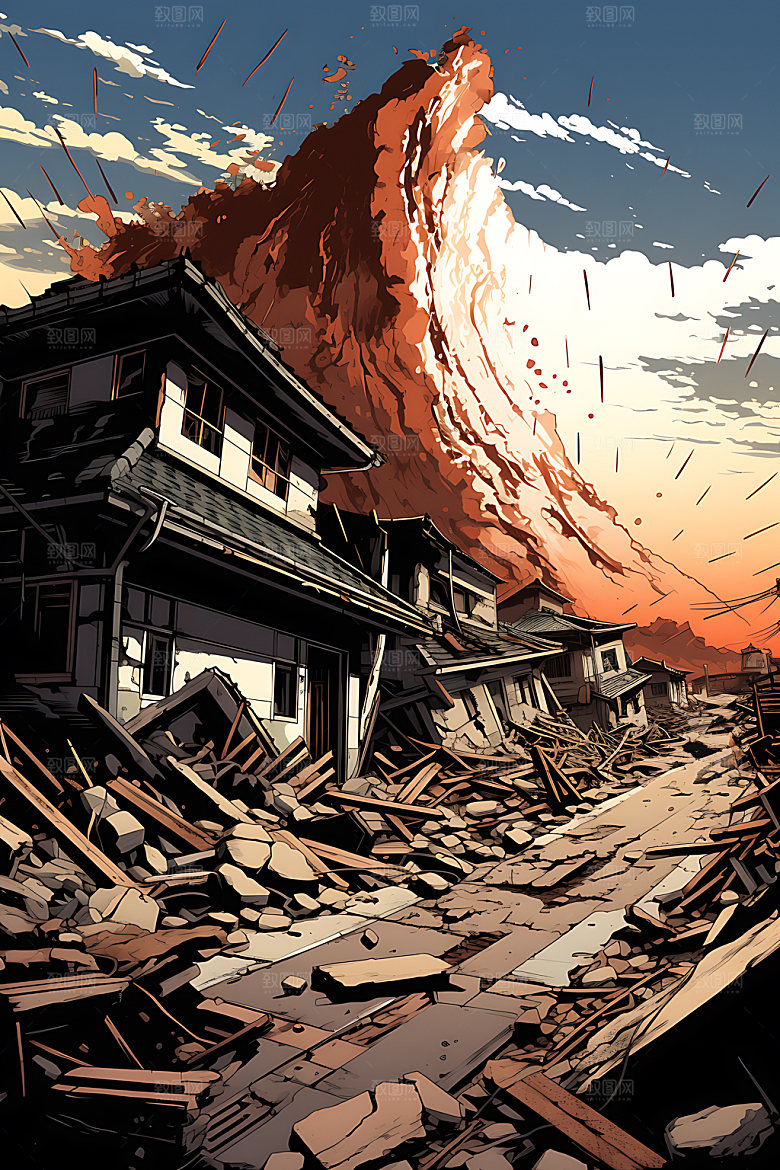 地震自然灾害崩塌插画