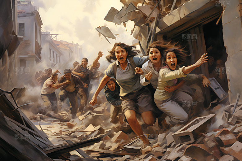 地震崩塌灾难插画