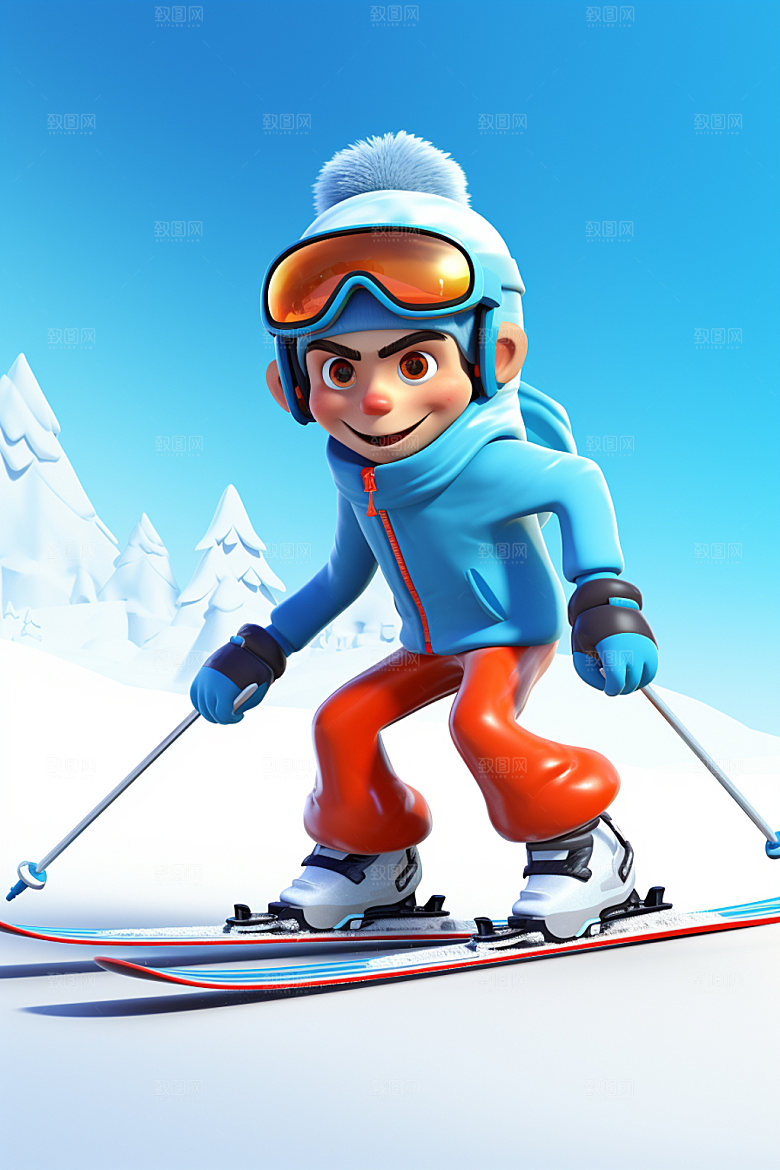 冬季户外卡通动画滑雪滑冰人物模型