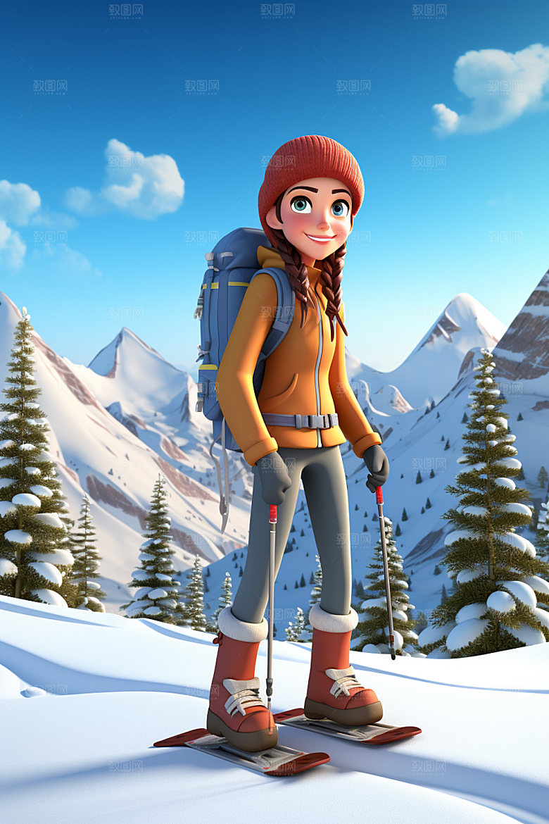 冬季户外3D插画滑雪滑冰人物模型