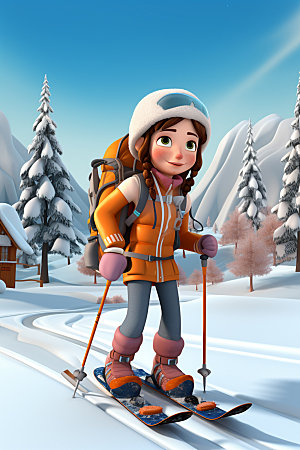 冬季户外滑雪滑冰3D插画人物模型