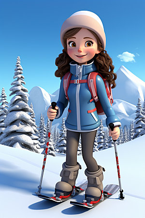 冬季户外卡通动画滑雪滑冰人物模型