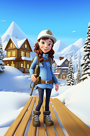 冬季户外滑雪滑冰卡通动画人物模型